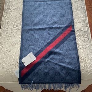 Gucci Nikky Wool Alpaca Zinc Blue Gray Fringe Scarf